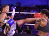 Emma Morgan kicking Nadia Sousa at Hybrid Fight Series, 6th August 2022 by David Fordisque