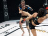 Stephanie Page kicking Eva Dourthe at HXMMA6 Cage | Photo Credit: Hexagone MMA